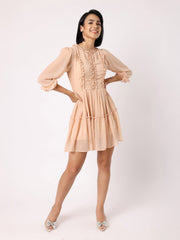 Nude Peach Tiered Dress With Front Frill Detail