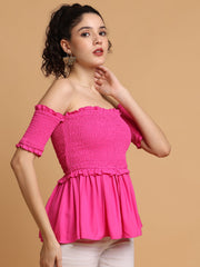 Pink Smocking Off-Shoulder Top
