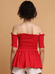 Red Smocking Off-Shoulder Top