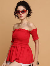 Red Smocking Off-Shoulder Top