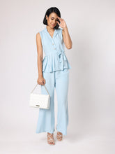 Blue Collar Top With One Side Pleating Co-Ordinated With Trousers