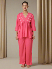 Fuchsia Pink Nightwear With Contrast Pink Lace At Yoke