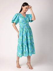 Green & Blue Floral Dress with Ruching at Waist