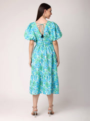 Green & Blue Floral Dress with Ruching at Waist