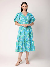 Green & Blue Floral Dress with Ruching at Waist