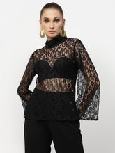 Black Lacy High Neck Top With Waistcoat Tunic