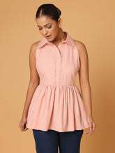 Peach Peplum Shirt With Detail At Collar And Placket