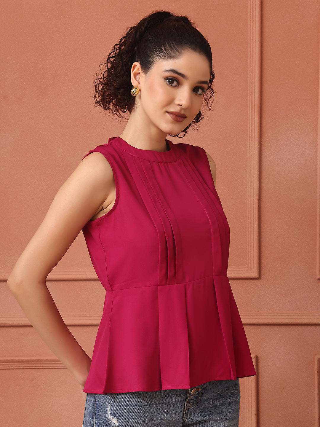 Dark Magenta Peplum Top With Back Bow