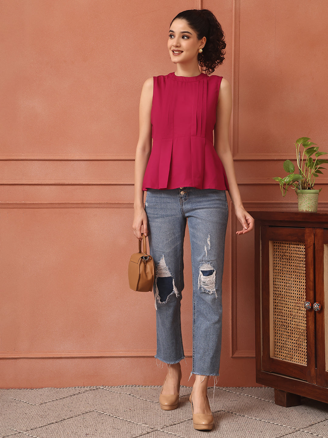 Dark Magenta Peplum Top With Back Bow