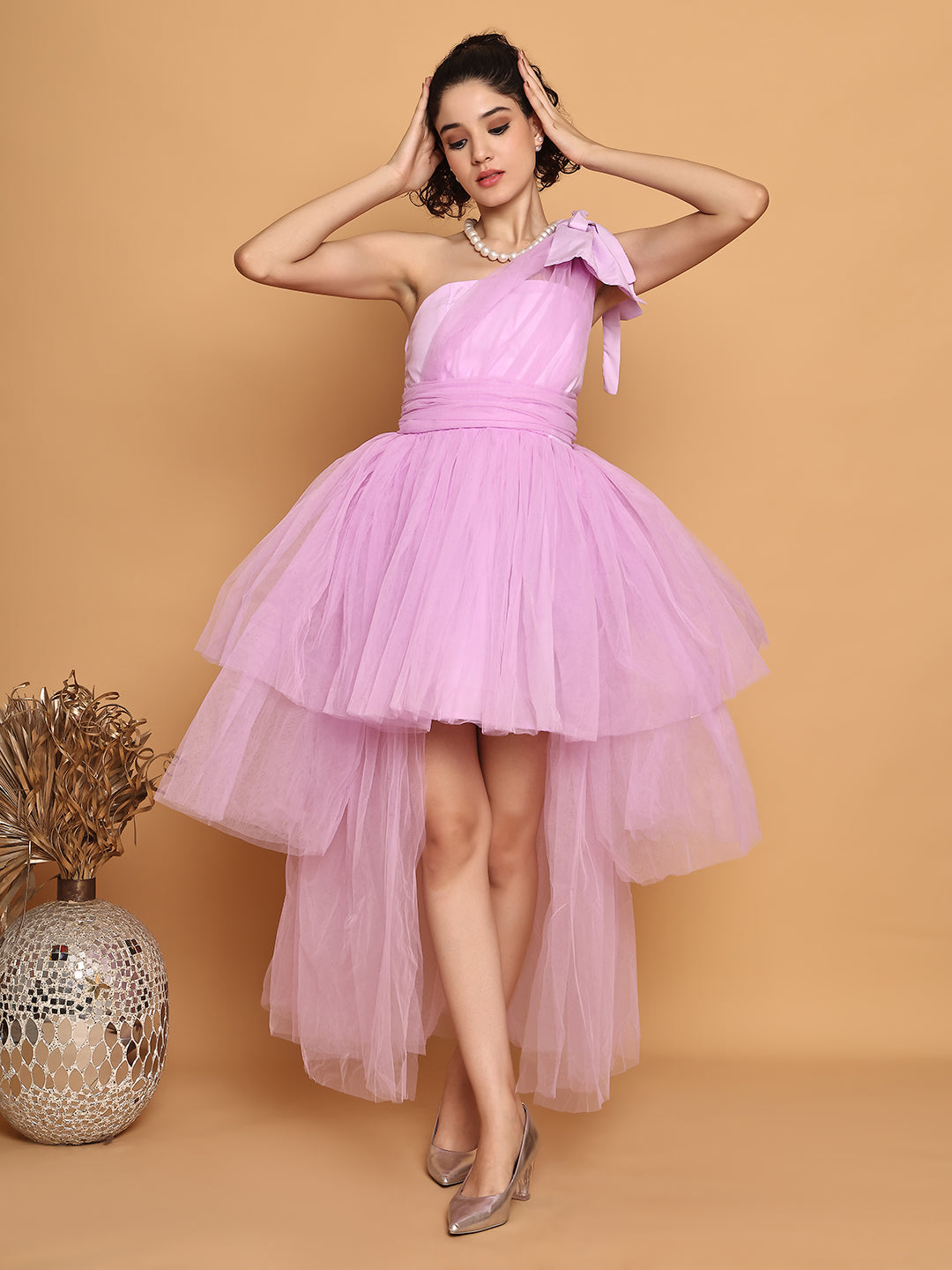 Lilac Tulle Dress With One Sleeves