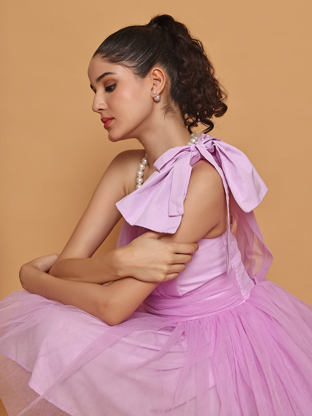 Lilac Tulle Dress With One Sleeves