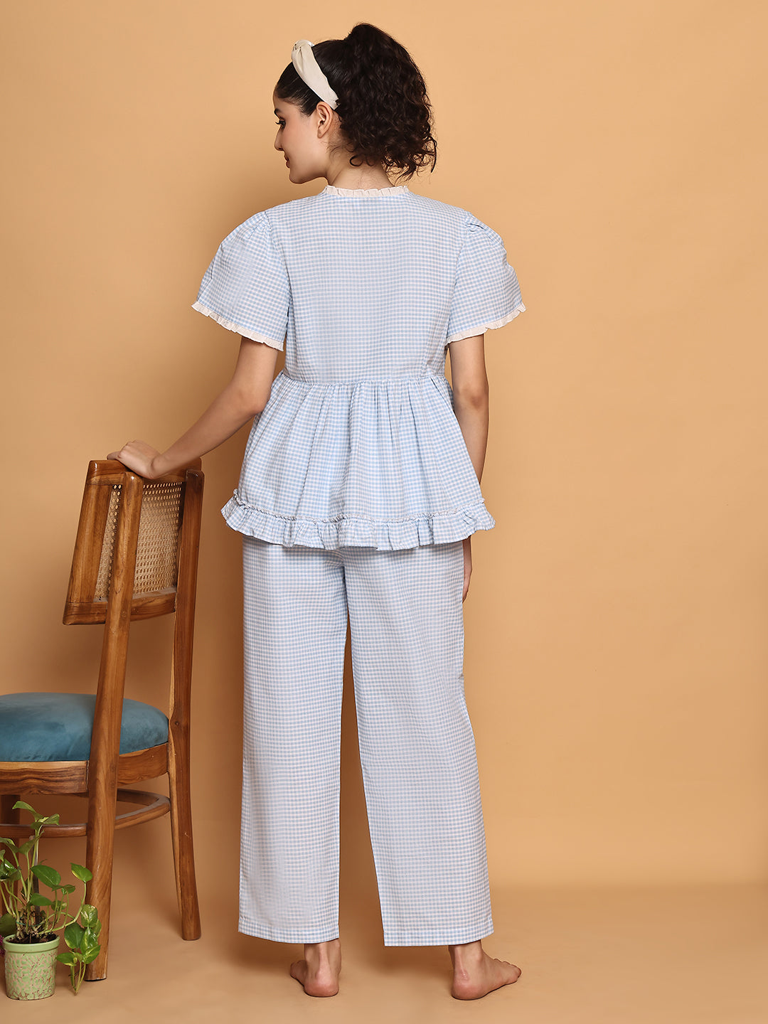 Blue Checkered Peplum Top Nightwear