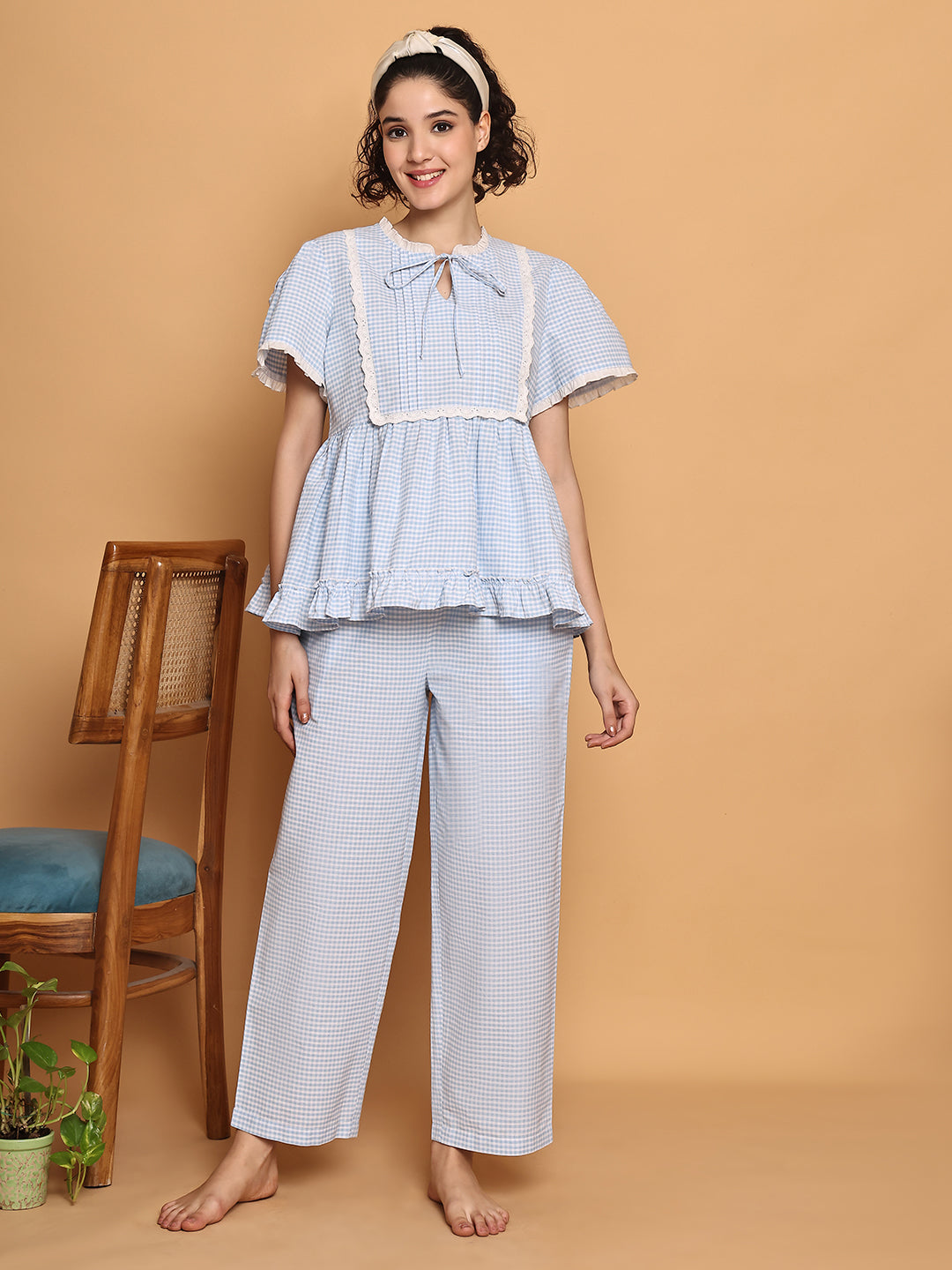 Blue Checkered Peplum Top Nightwear