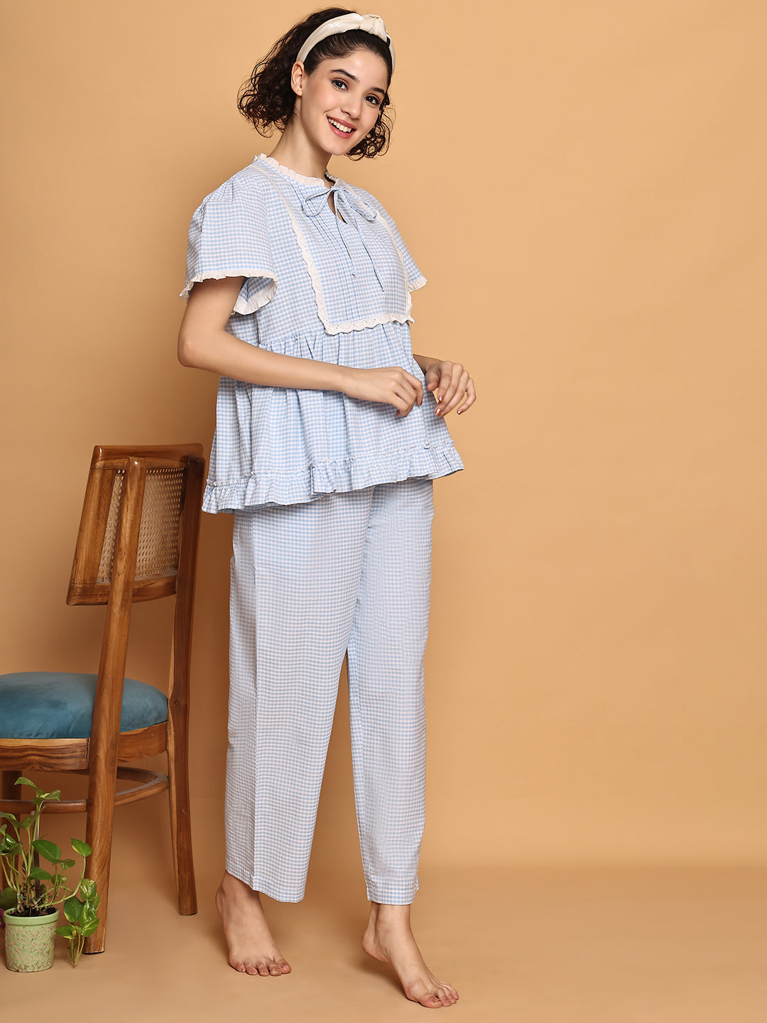 Blue Checkered Peplum Top Nightwear