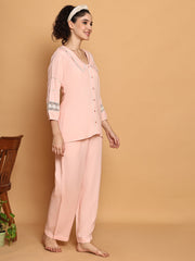 Peach Nightwear With Lace Inserts in Sleeves