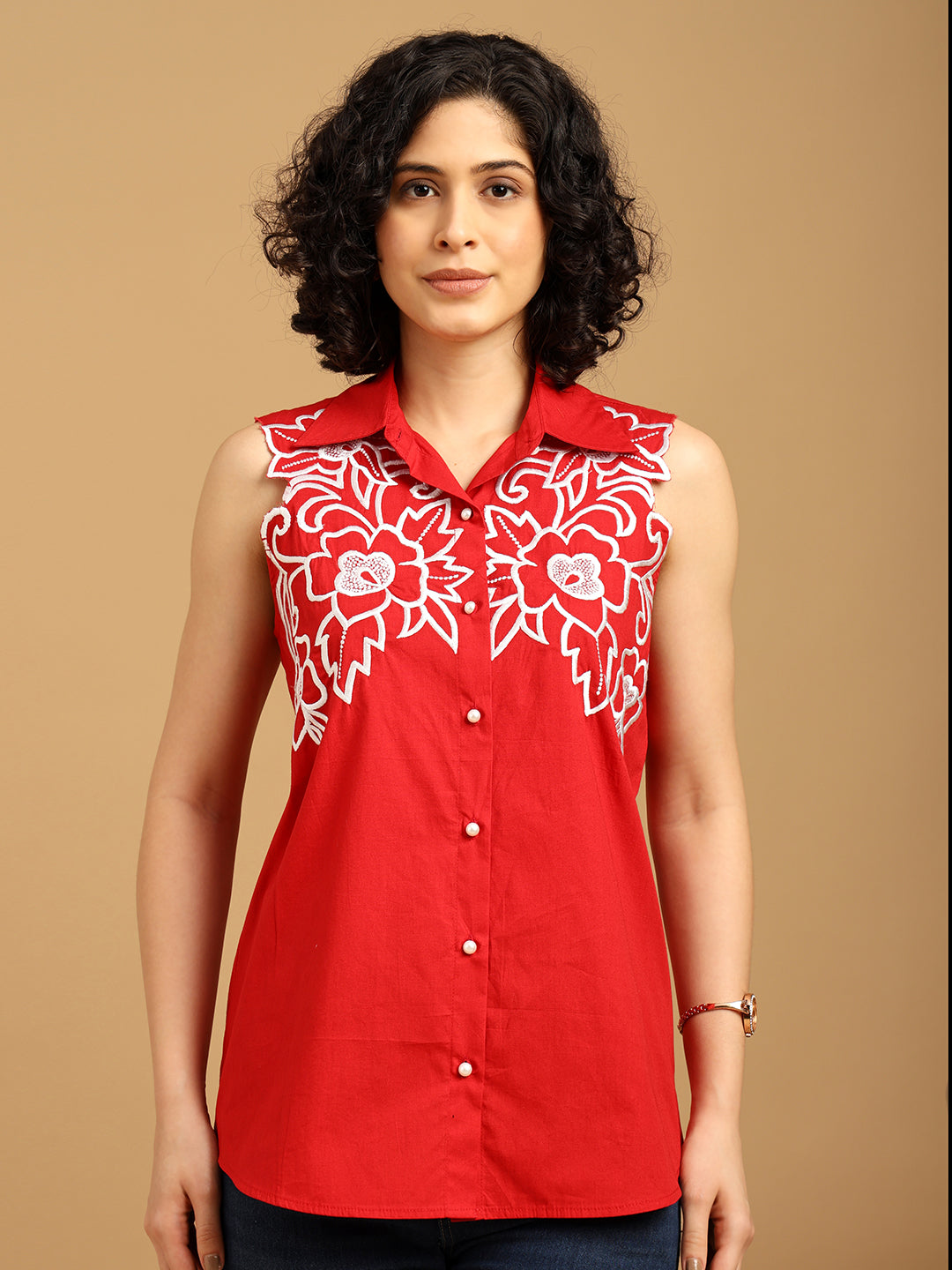 Red Shirt with white Cut Out Embroidery