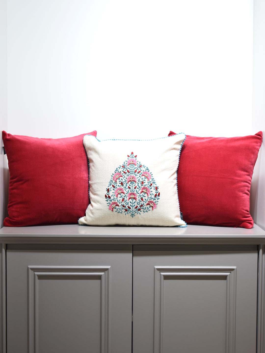 Set of 3 Mughal Garden Embroidered with red Velvet 40x40 CM Cushion Covers