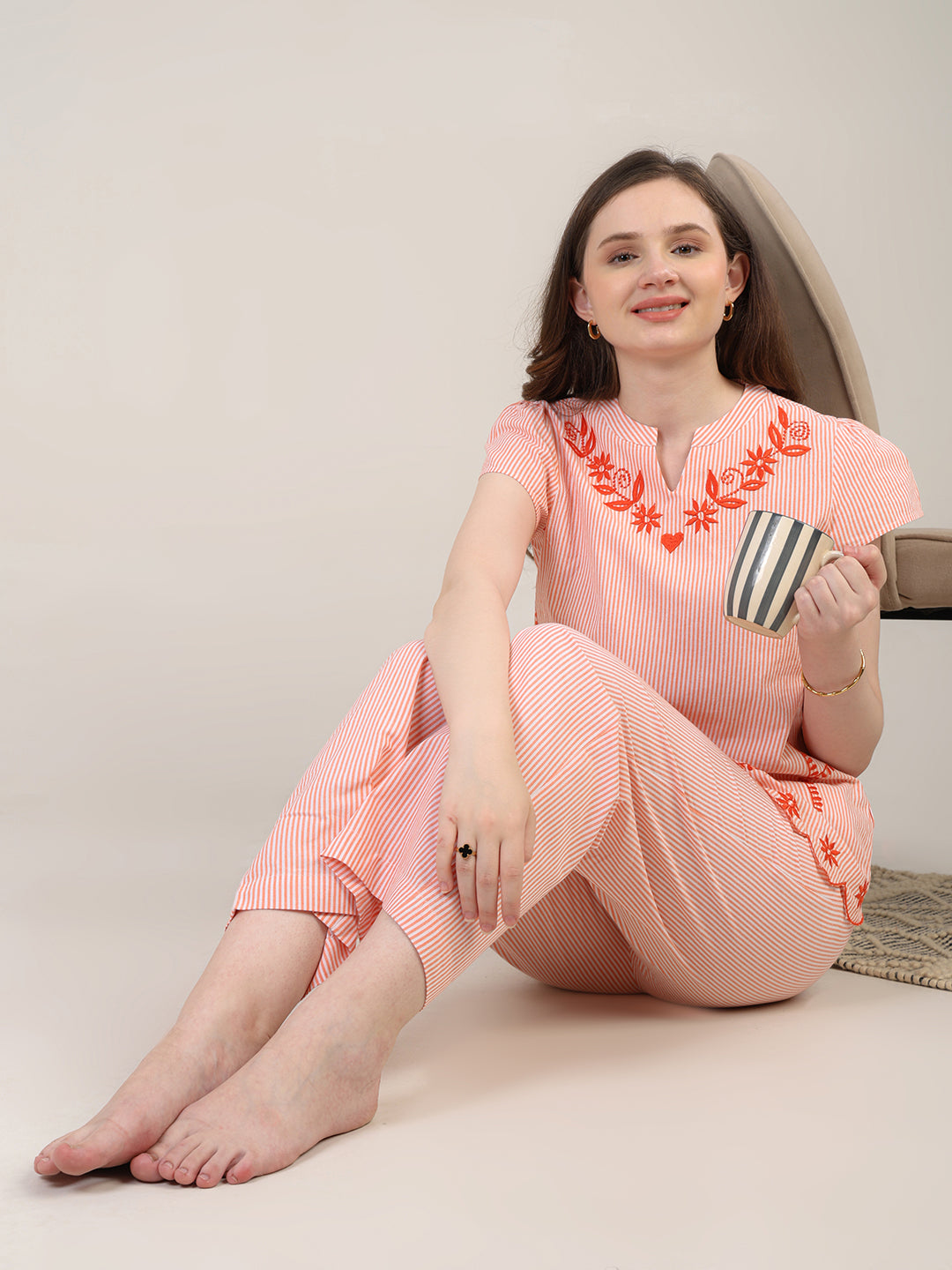 Orange Striper nightwear with embroidery