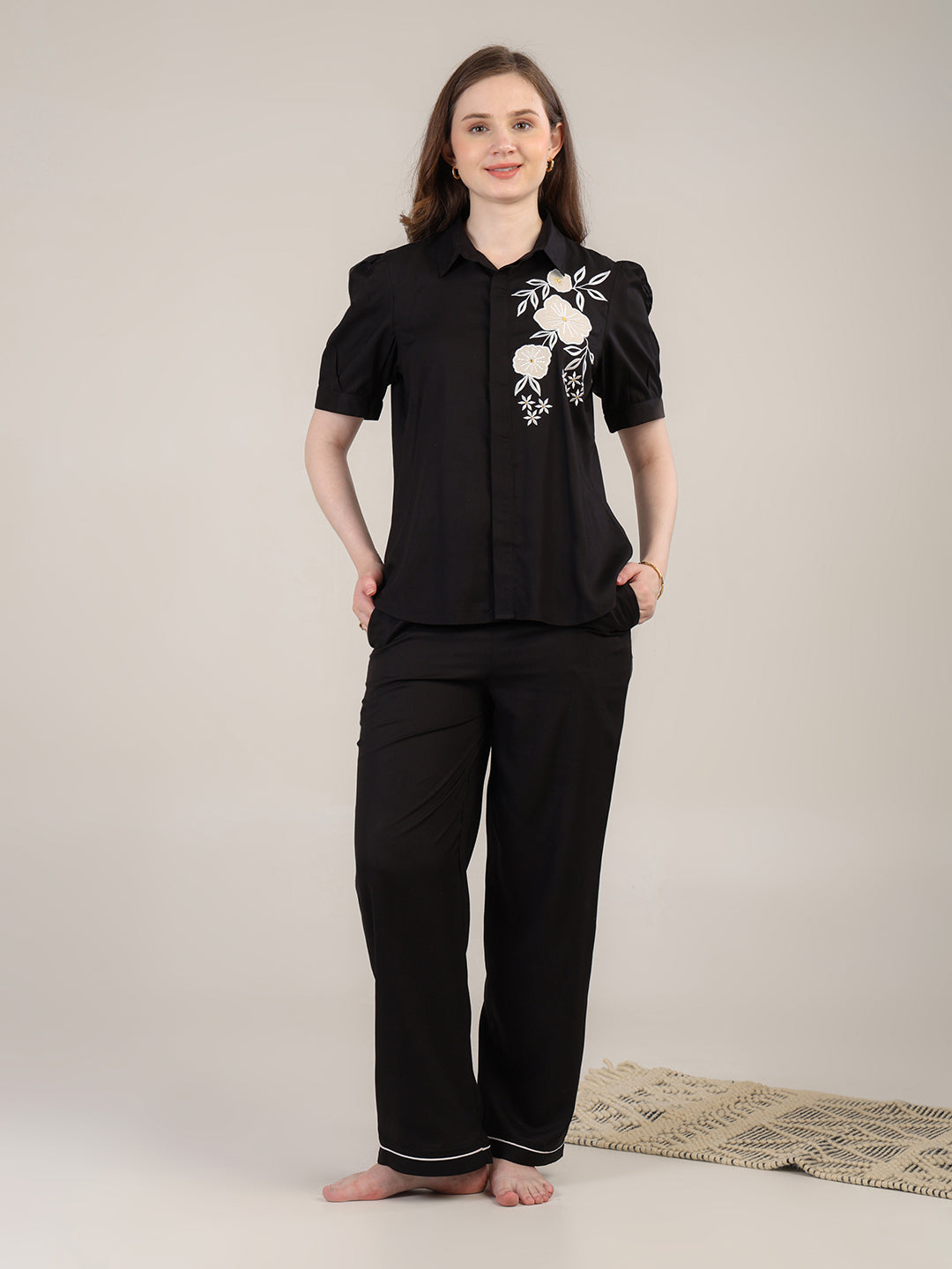 Black PYJAMA SET WITH applique embroidery