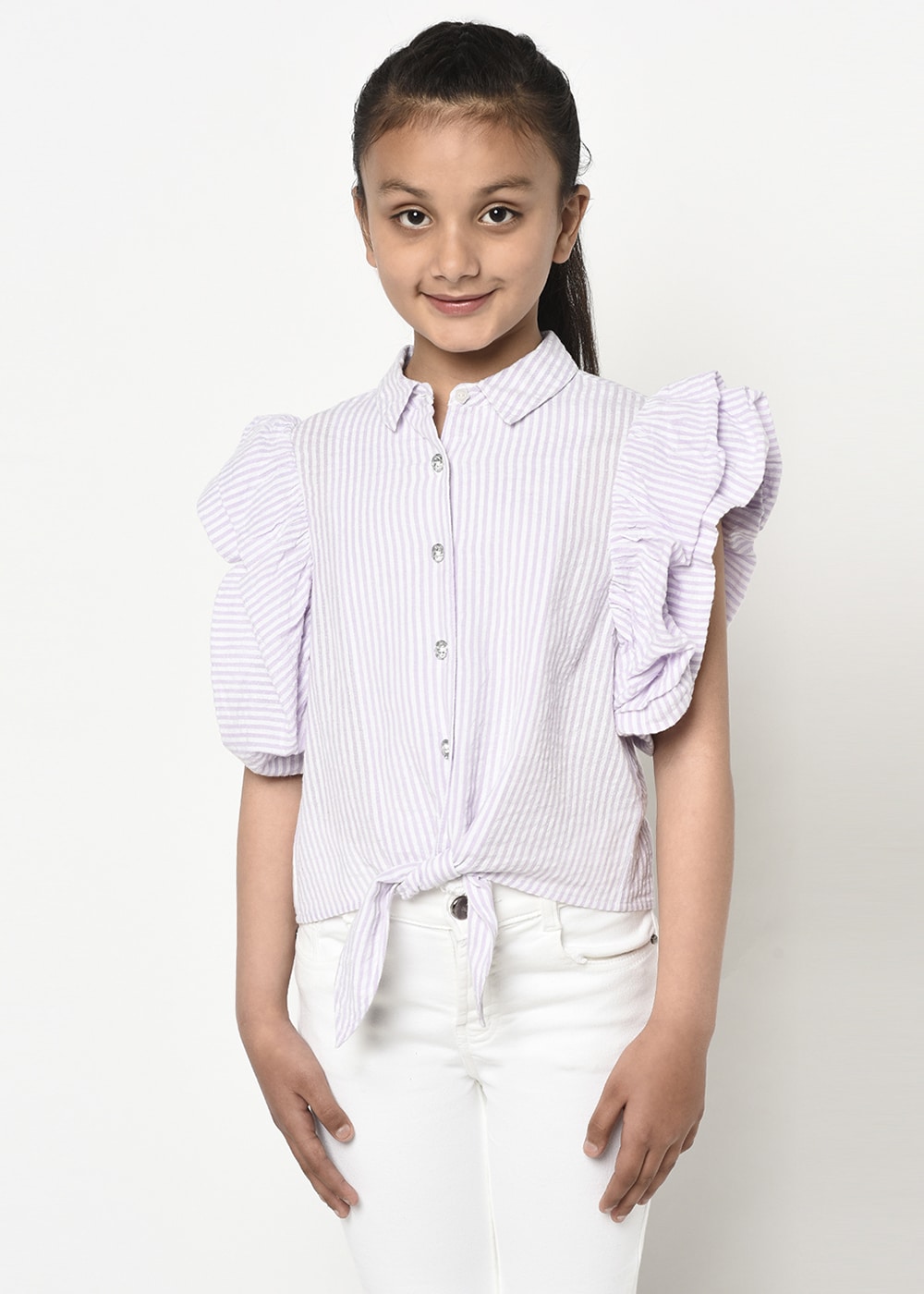 Jewelled Button Front Knot Stripes Shirt