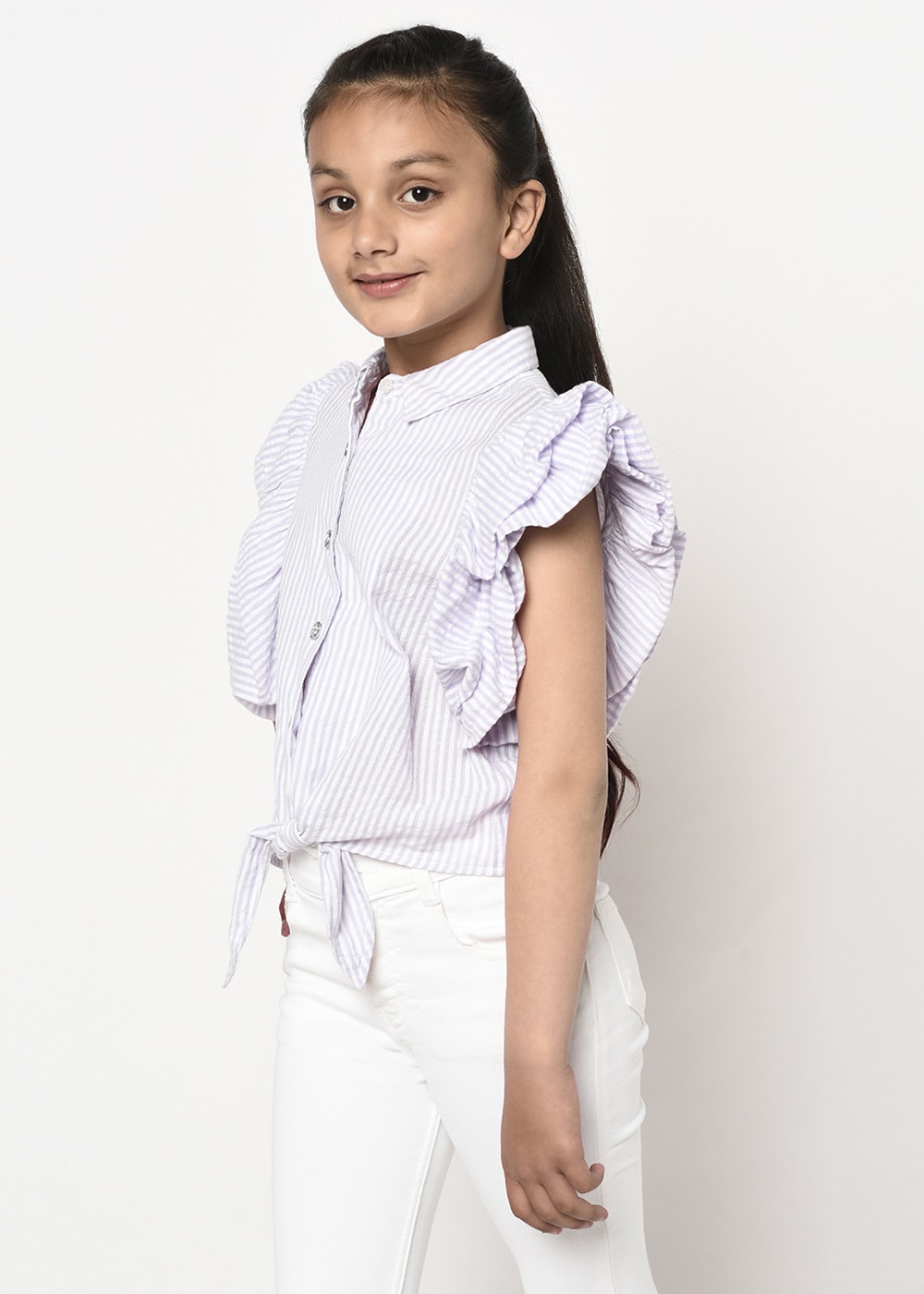 Jewelled Button Front Knot Stripes Shirt