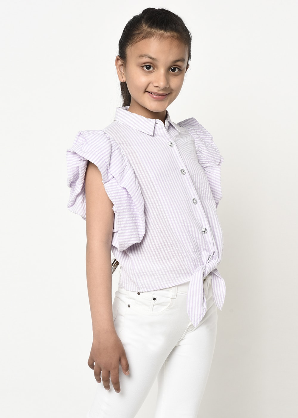 Jewelled Button Front Knot Stripes Shirt