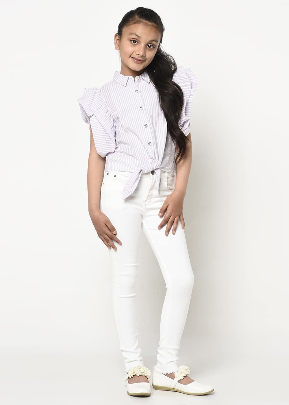 Jewelled Button Front Knot Stripes Shirt