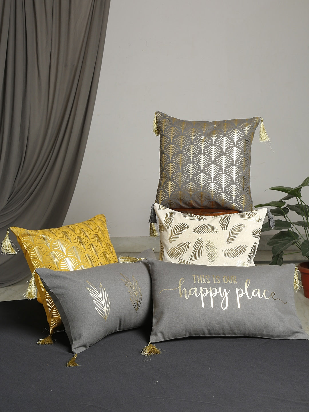 Set of 5 Happy Place Printed Cushion Cover