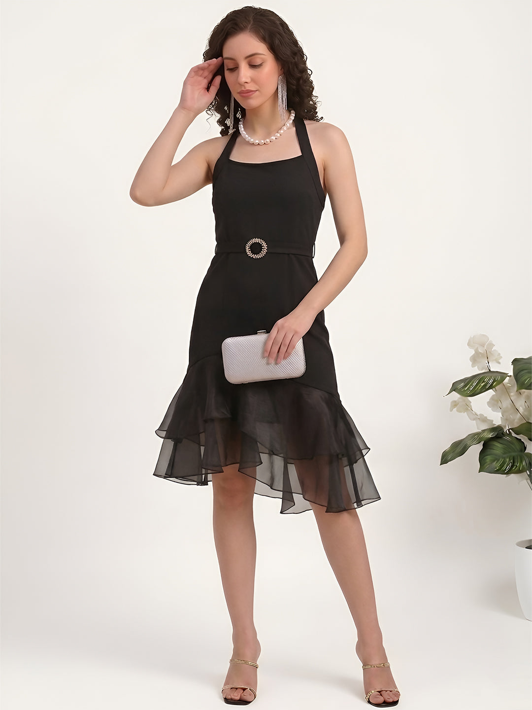 Black Halter Dress With Organza Frill