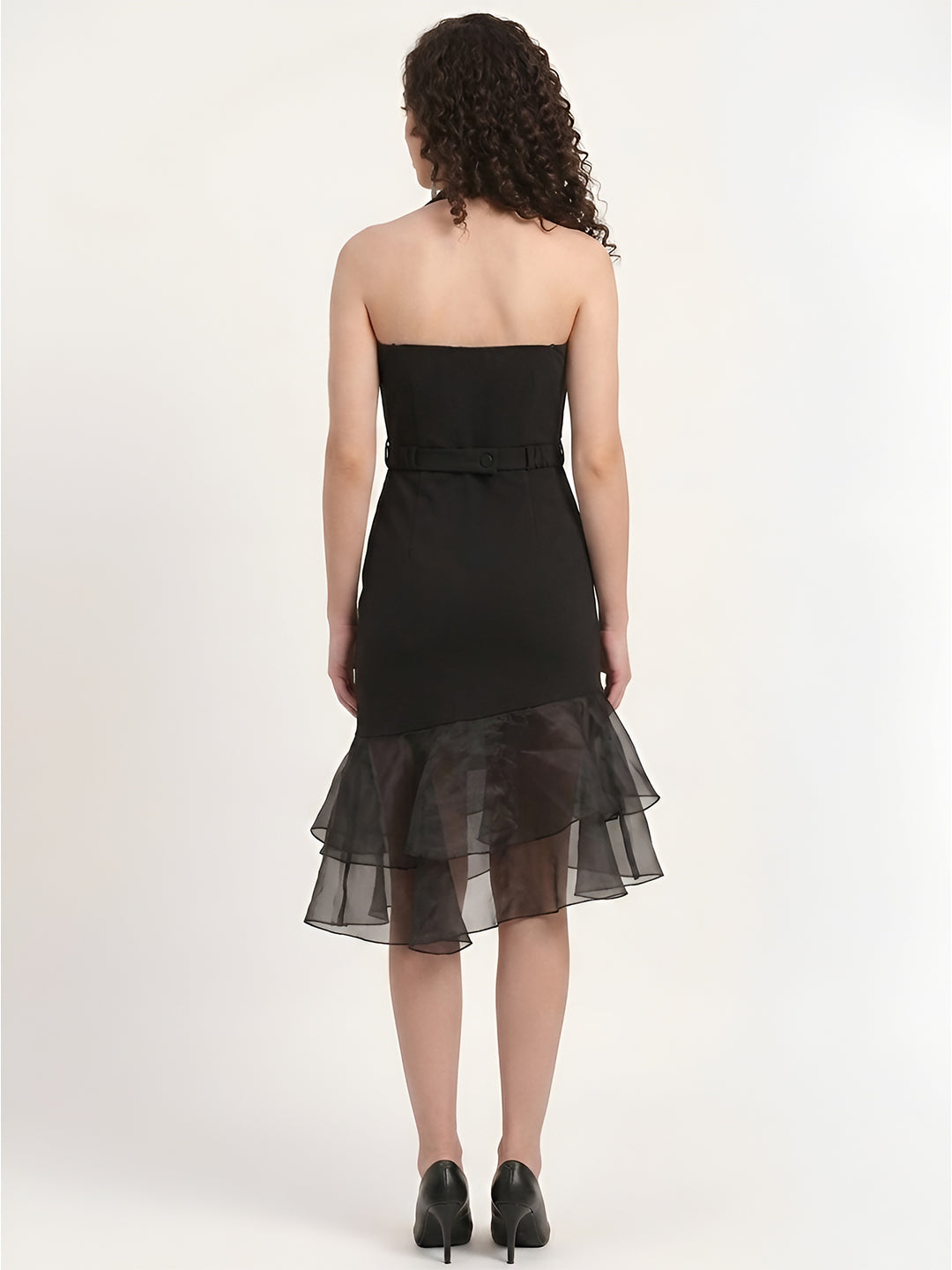 Black Halter Dress With Organza Frill