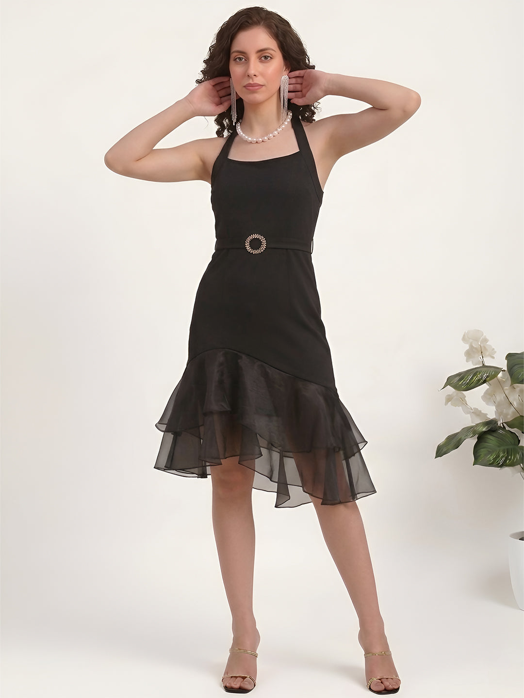 Black Halter Dress With Organza Frill