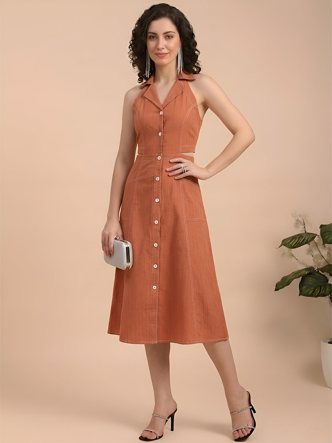 Orange Shirt Dress with Contrast Stitch