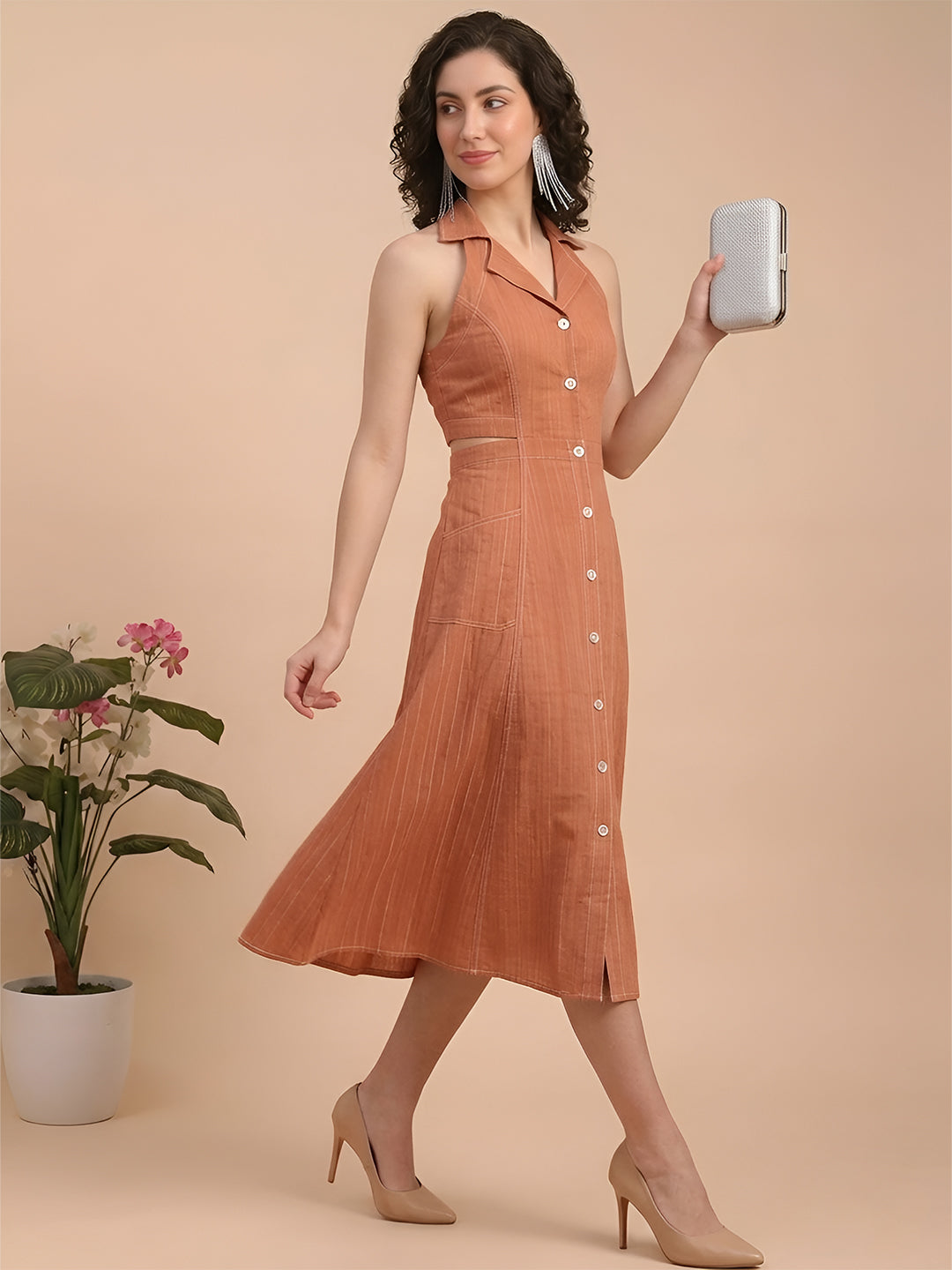 Orange Shirt Dress with Contrast Stitch