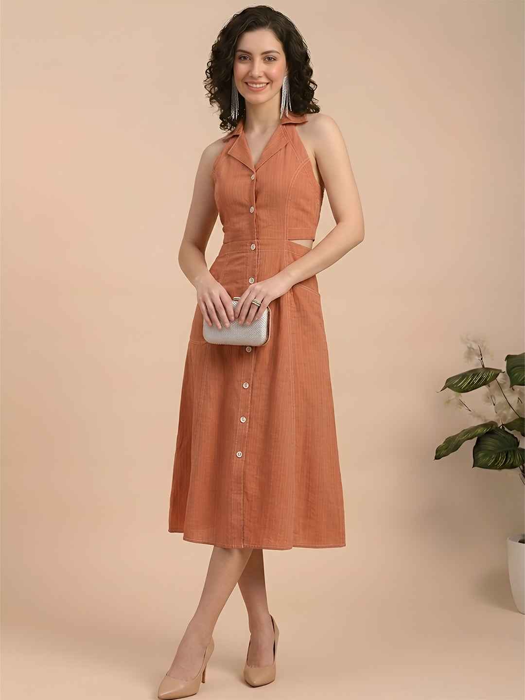 Orange Shirt Dress with Contrast Stitch
