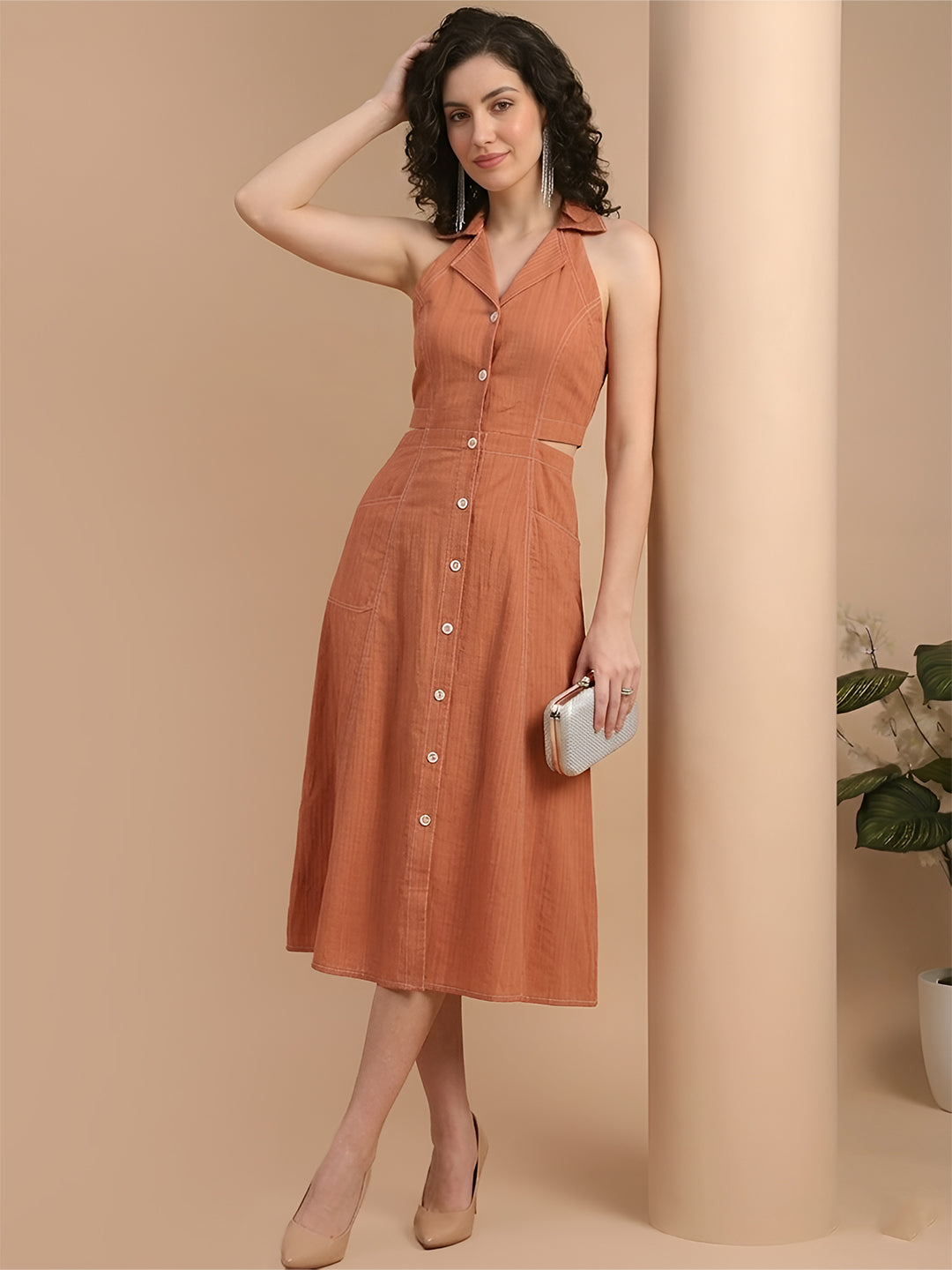 Orange Shirt Dress with Contrast Stitch