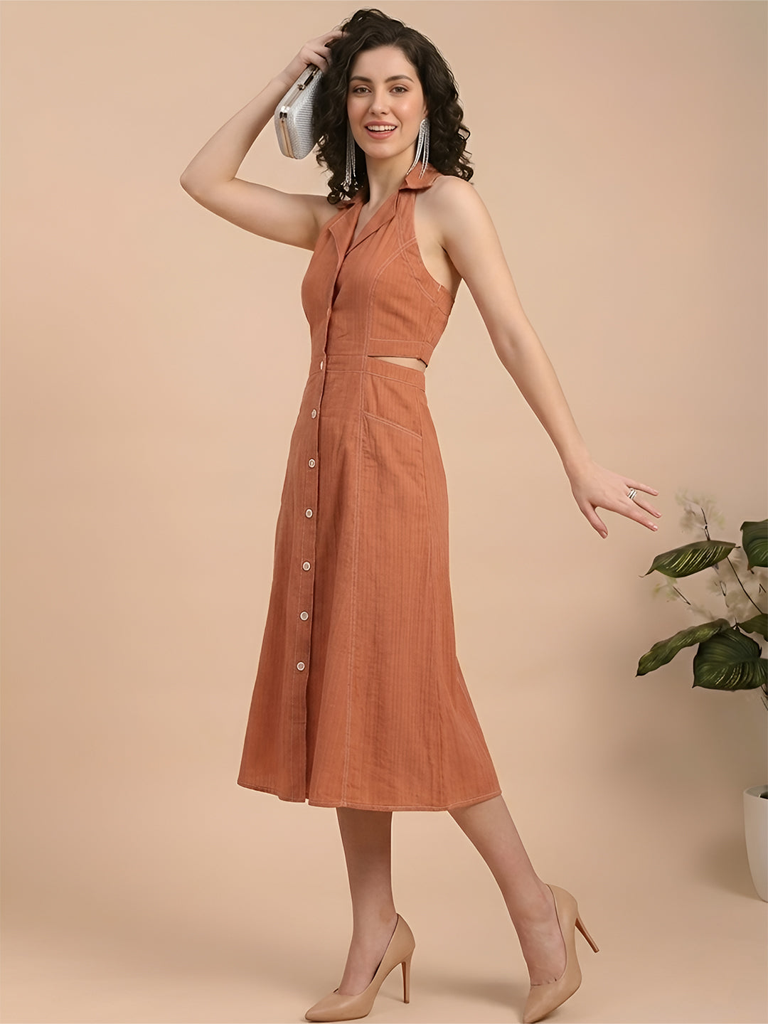 Orange Shirt Dress with Contrast Stitch