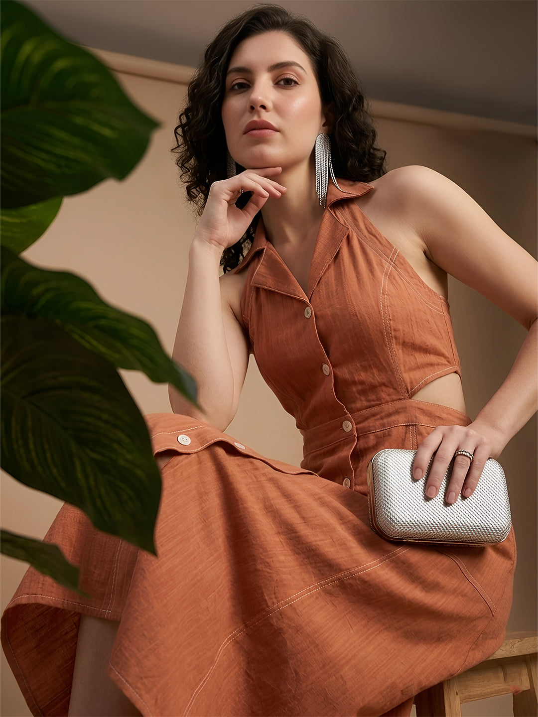 Orange Shirt Dress with Contrast Stitch