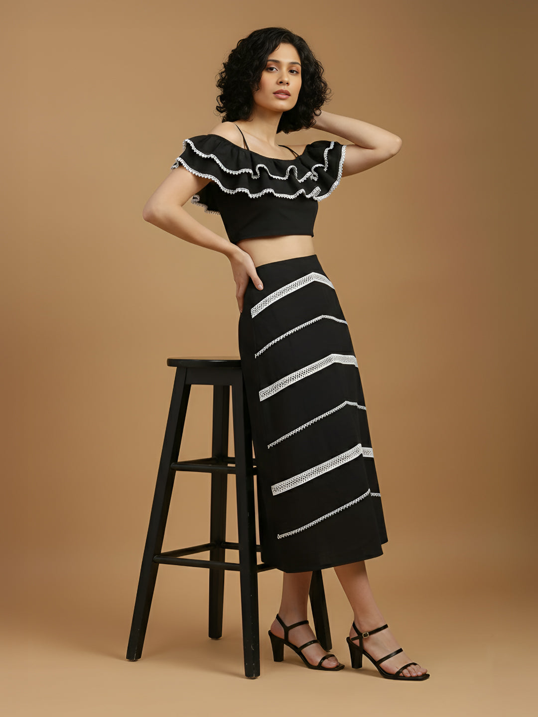 Black Beachy Top With Laced Skirt