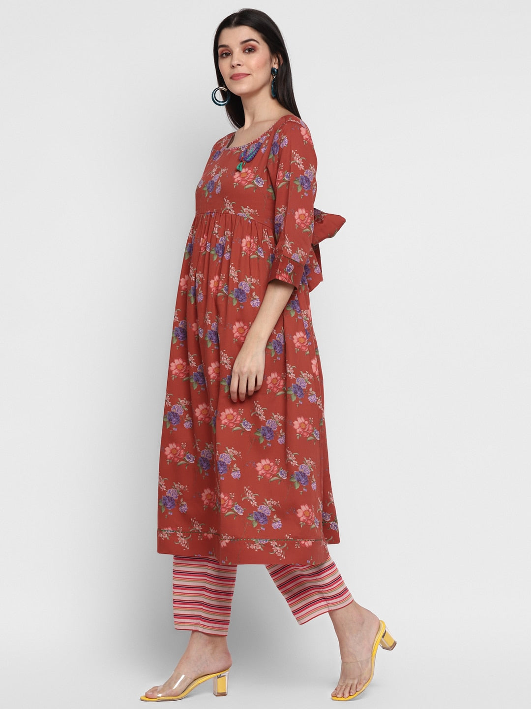Floral Kurta with Striper Pants Fusion Set
