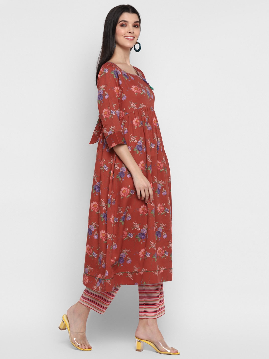 Floral Kurta with Striper Pants Fusion Set