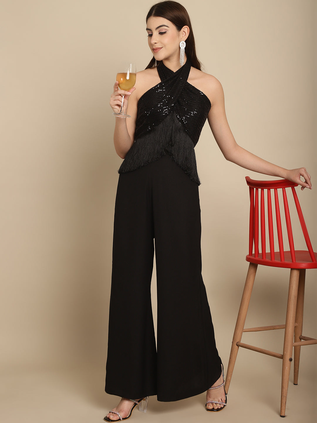 Black Sequins Wrap Top With Trouser