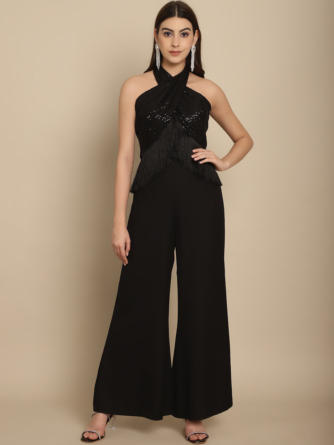 Black Sequins Wrap Top With Trouser