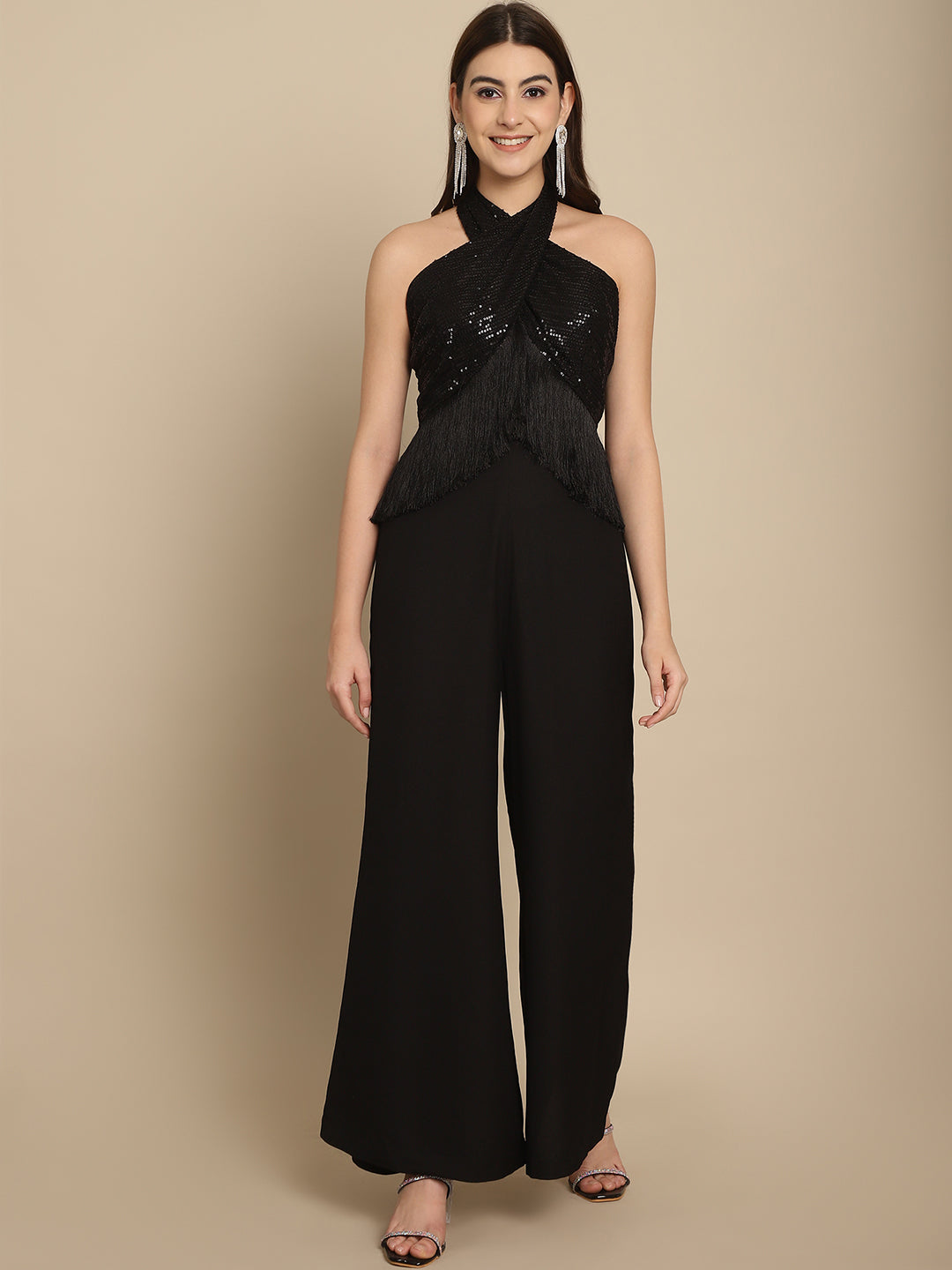 Black Sequins Wrap Top With Trouser