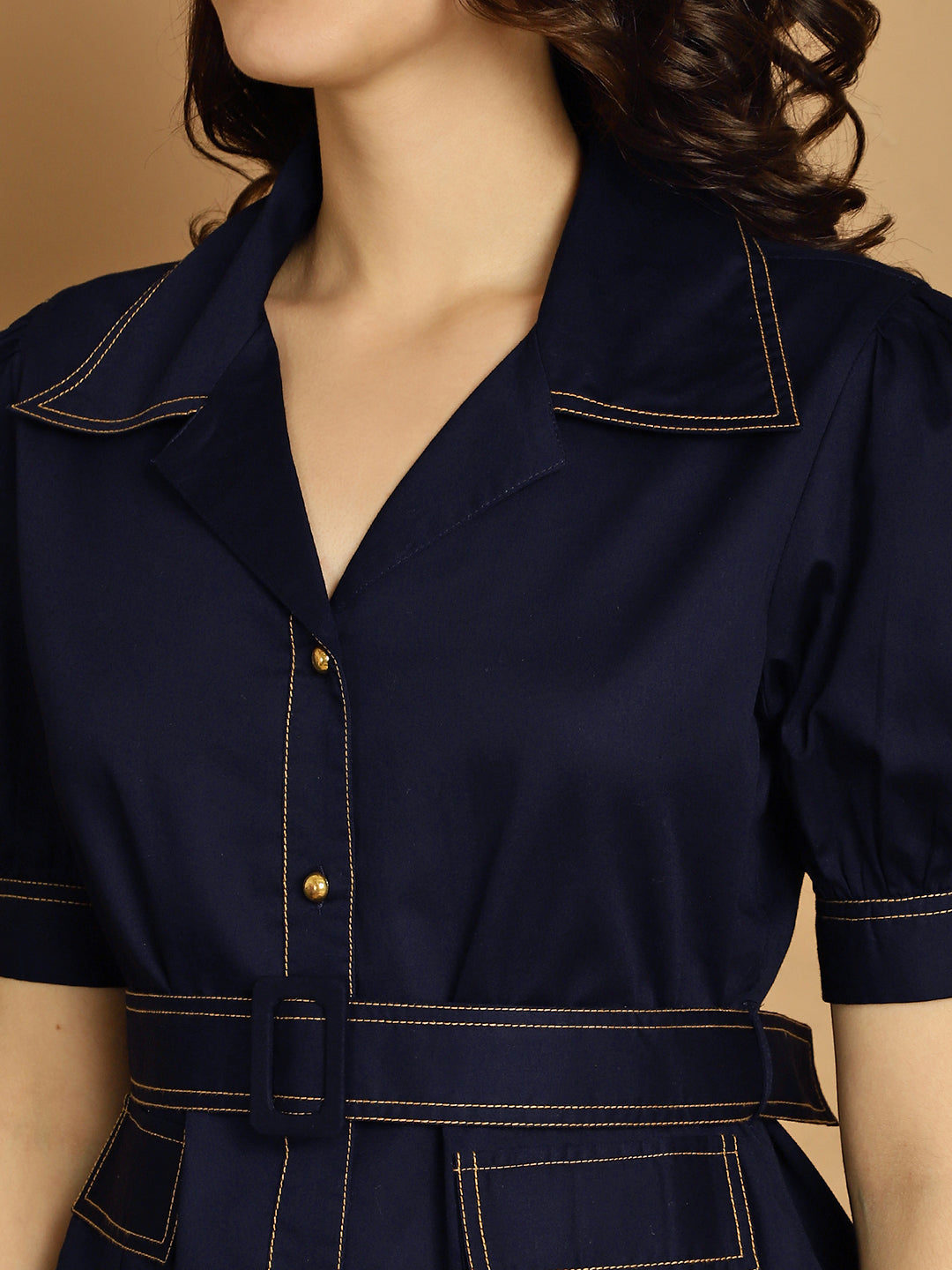Contrast Thread Detail Co-Ord Set With Belt - Navy Blue