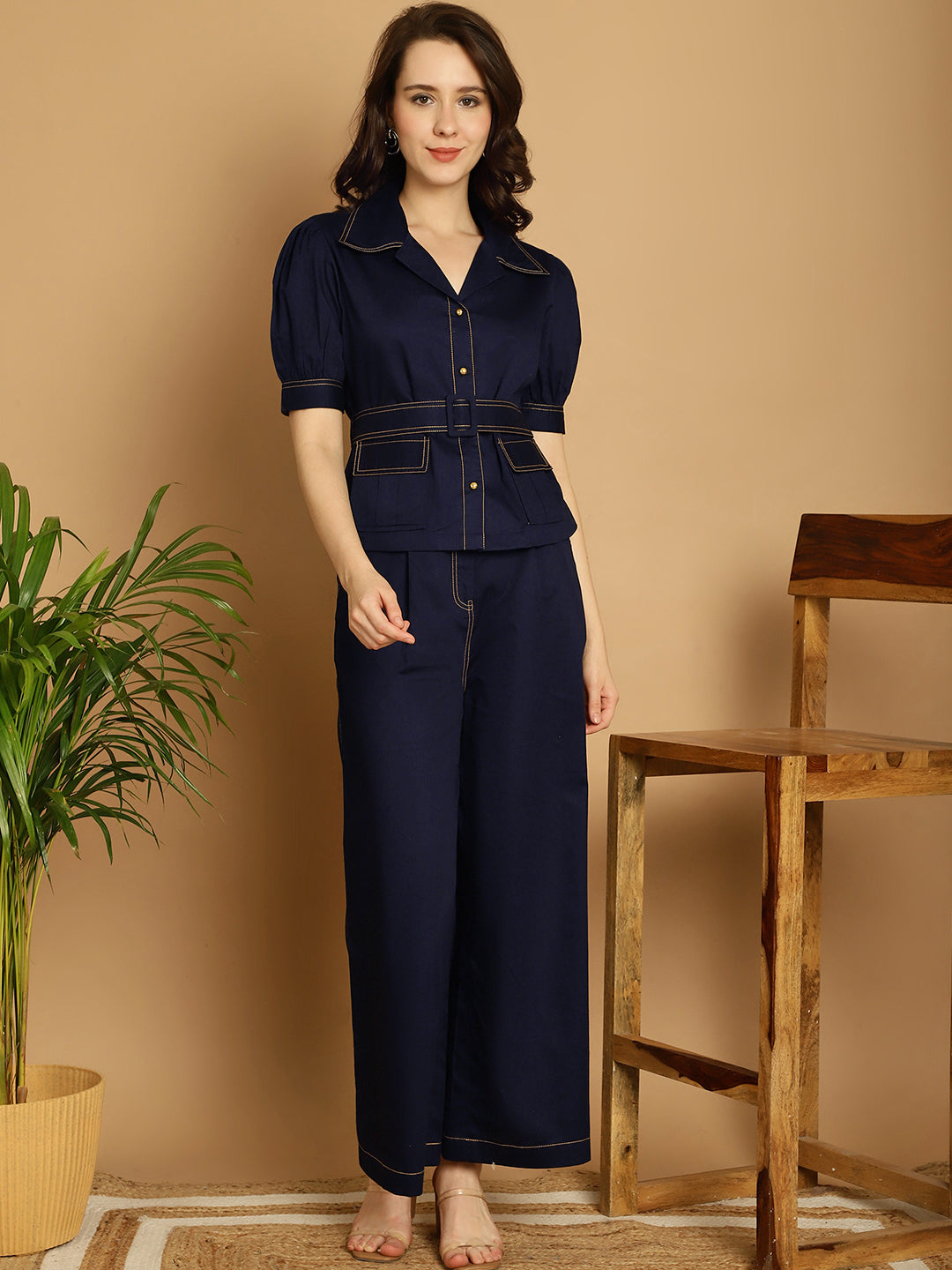 Contrast Thread Detail Co-Ord Set With Belt - Navy Blue