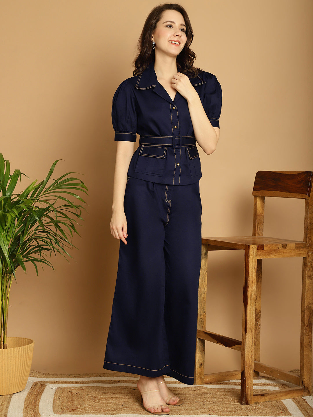 Contrast Thread Detail Co-Ord Set With Belt - Navy Blue
