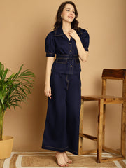 Contrast Thread Detail Co-Ord Set With Belt - Navy Blue