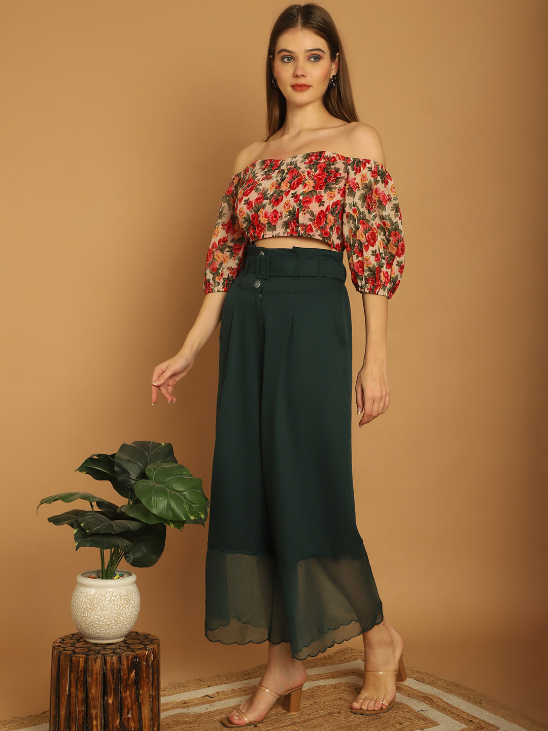 Floral Off-Shoulder Top With Organza Detail Trouser