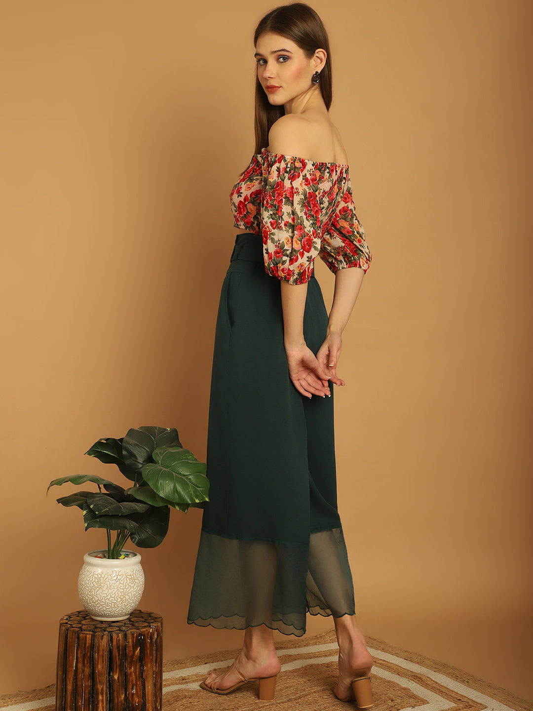 Floral Off-Shoulder Top With Organza Detail Trouser
