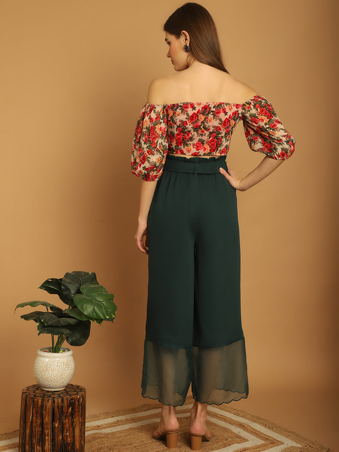 Floral Off-Shoulder Top With Organza Detail Trouser